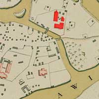 Выява былога кляштара дамініканаў з касцёлам Святой Сафіі на мапе горада 1740г. (пазначаны чырвоным) 
